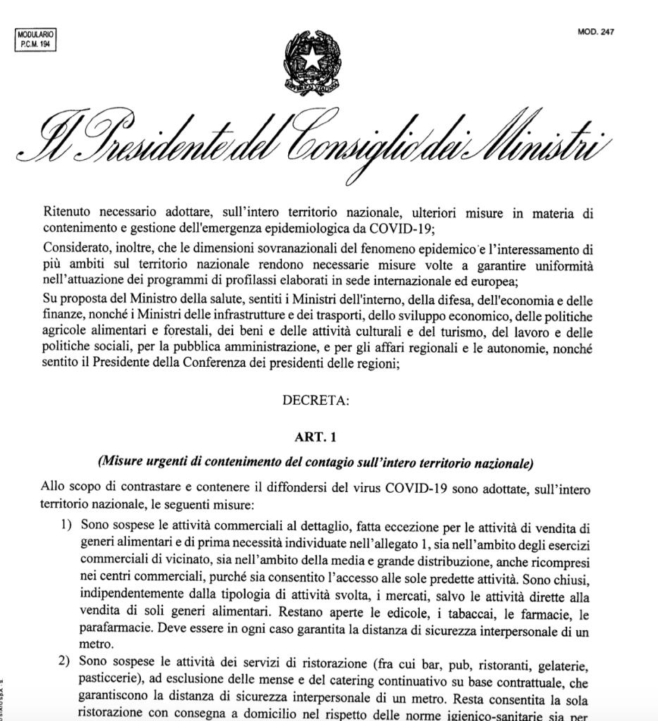 Il Presidente del Consiglio Giuseppe Conte ha firmato il Dpcm (decreto del presidente del Consiglio dei ministri) dell’11 marzo 2020 che contiene nuove misure per il contenimento e il contrasto del diffondersi del virus Covid-19